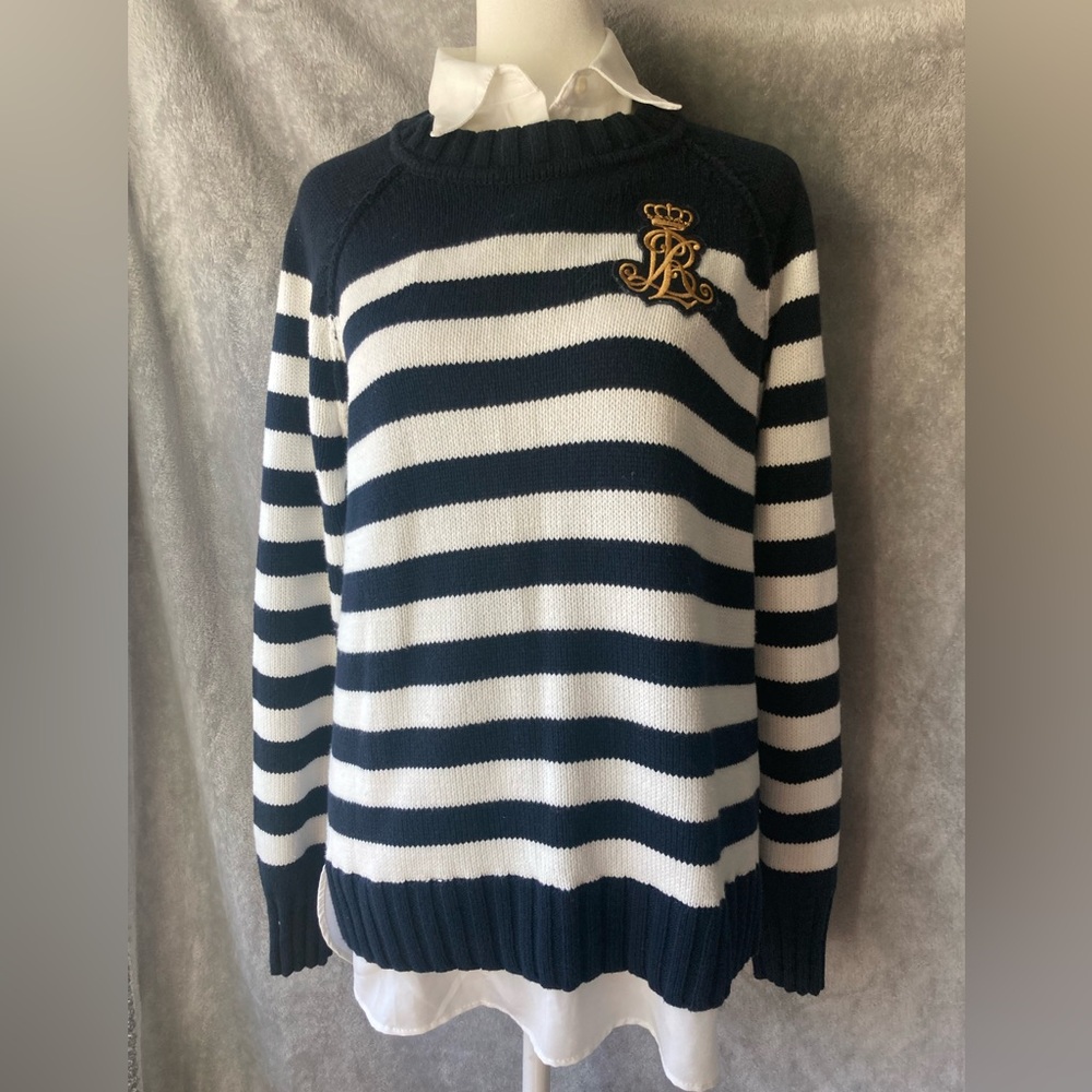 Ralph Lauren blue and White Striped Crewneck Sweater - Picture 2 of 11